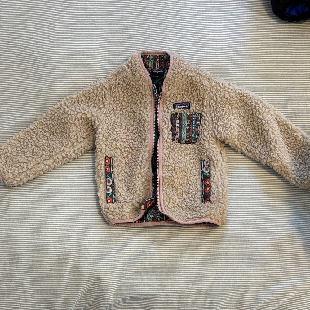 Toddler girls Patagonia Cream Fleece Jacket with Patterned Trim